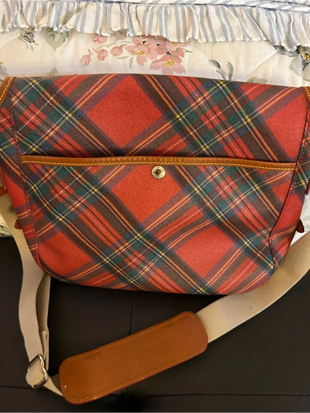 Dooney & Bourke Red Plaid Messenger with Tan Trim